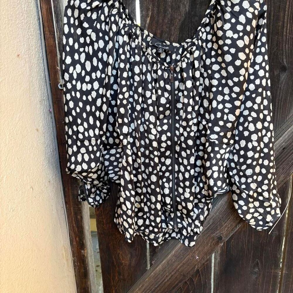 Cecico white and black polka dot blouse with zipper detail, size M